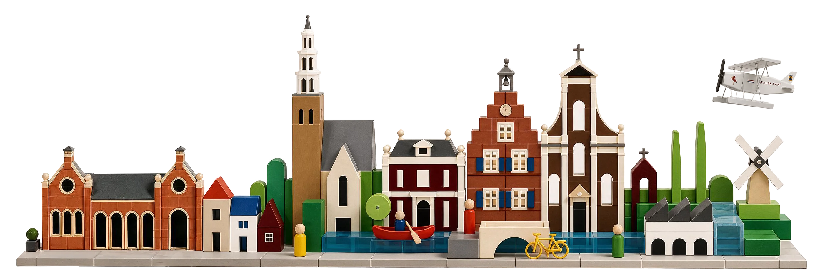 Illustratie van Haastrecht met Concordia, historische gebouwen, de brug, de molen en De Pelikaan